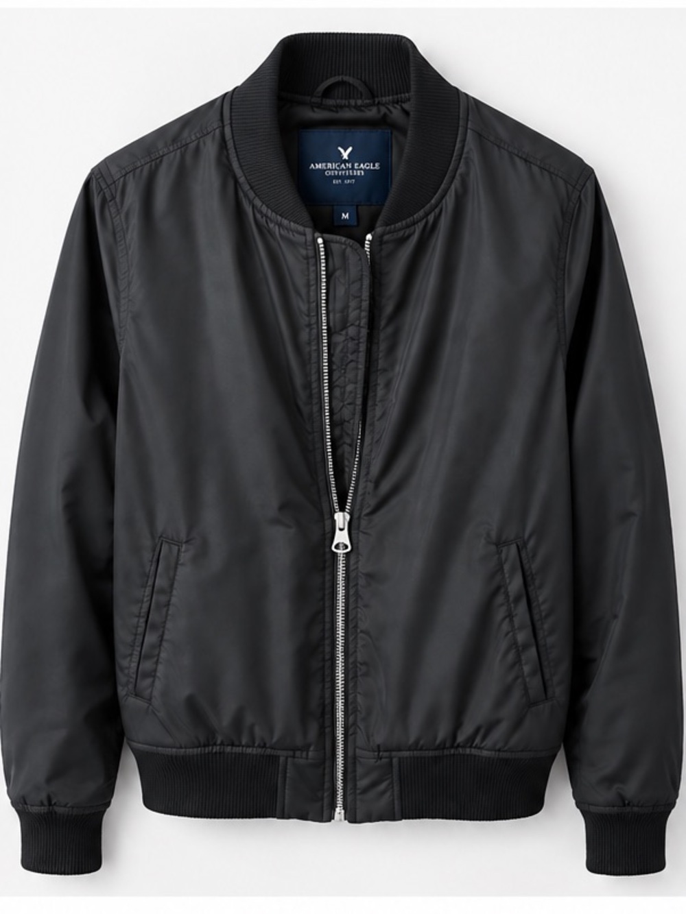 American Eagle Outfitters Black Nylon Bomber Jacket with Ribbed Trim